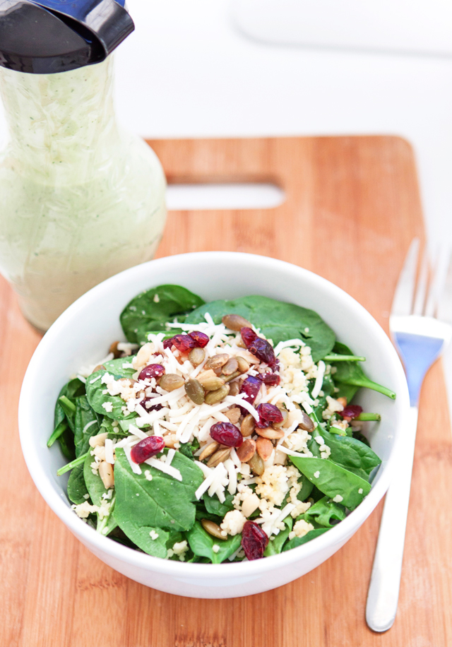Recipe // spinach salad with couscous and fresh basil dressing